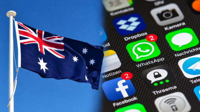 Australian flag beside a smartphone screen showing social media app icons