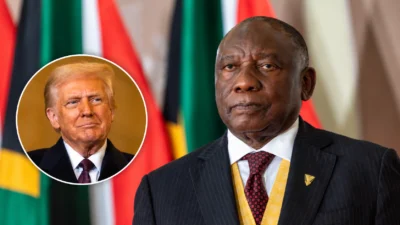 Cyril Ramaphosa in front of South African flags with Donald Trump in a circular inset