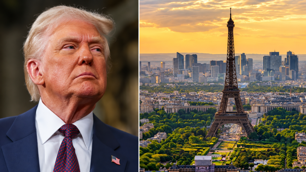 Donald Trump beside a view of Paris with the Eiffel Tower