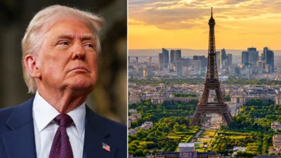 Donald Trump beside a view of Paris with the Eiffel Tower