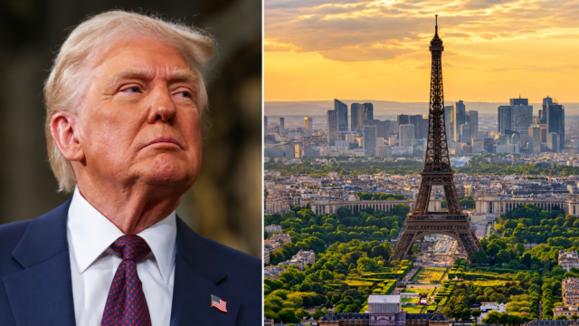 Donald Trump beside a view of Paris with the Eiffel Tower