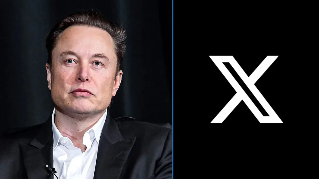 Elon Musk pictured beside the white X logo on a black background.