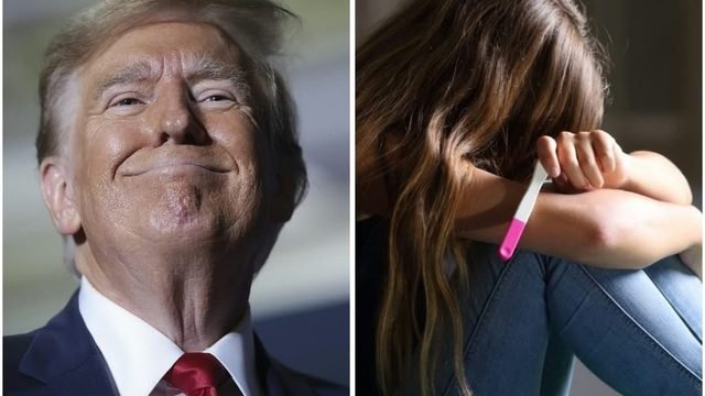 Composite image of Donald Trump and a seated person holding a pregnancy test
