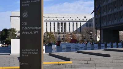 Sign for the U.S. Department of Health and Human Services headquarters at the Hubert H. Humphrey Building in Washington