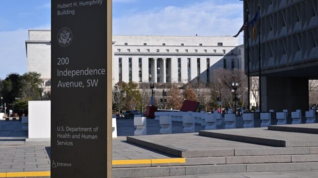 Sign for the U.S. Department of Health and Human Services headquarters at the Hubert H. Humphrey Building in Washington