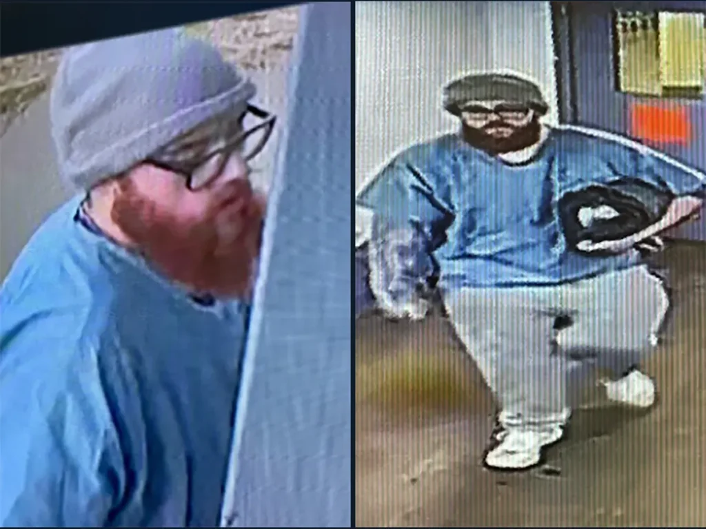 Surveillance images released by Tennessee authorities showing Jacob Morley, with a beard, glasses and a gray hat