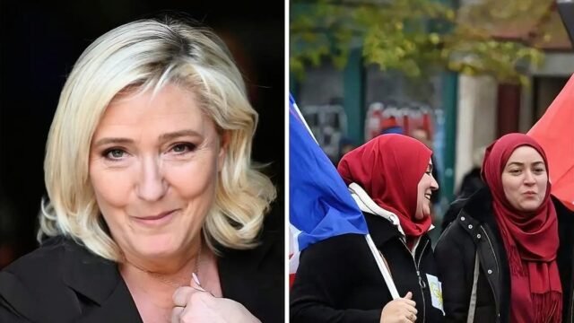 Marine Le Pen and French Muslims at a rally as Le Pen addresses French Muslims considering leaving France