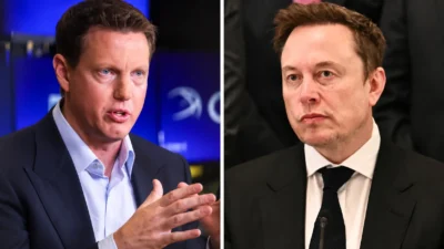 Skydance chief executive David Ellison, left, and Elon Musk