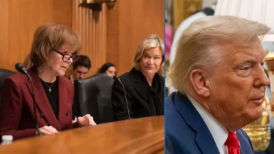 Tina Smith at a committee hearing alongside a separate photograph of Donald Trump
