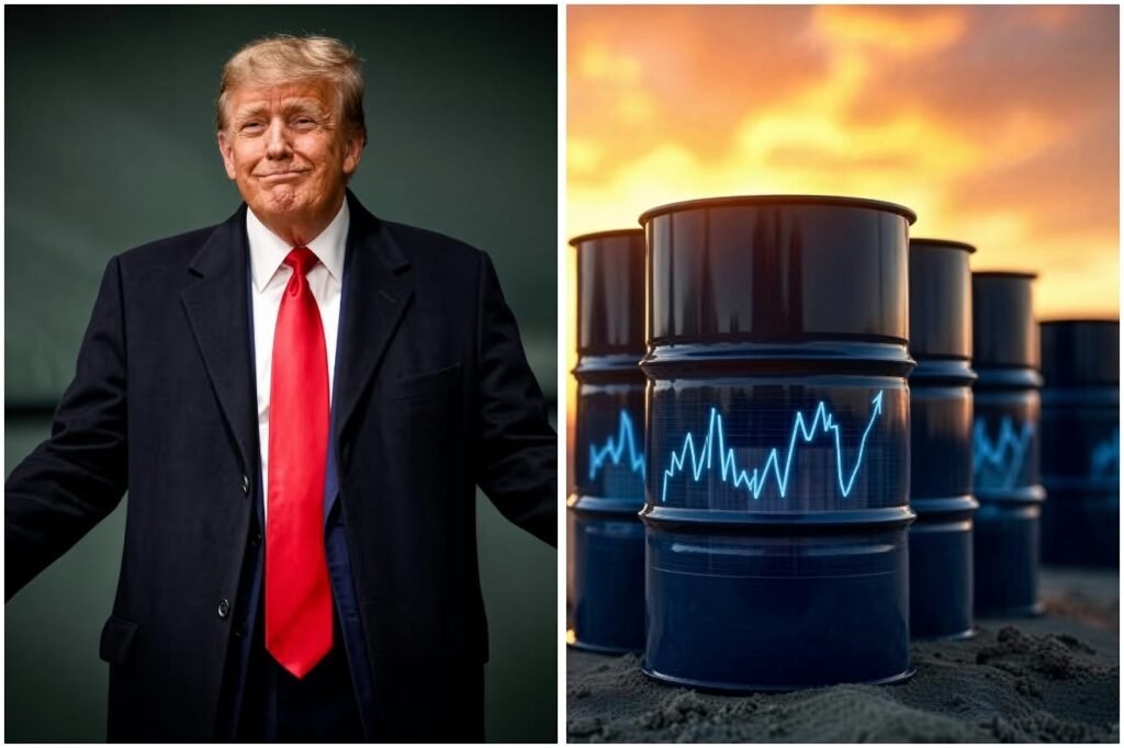 President Donald Trump beside an illustration of oil barrels