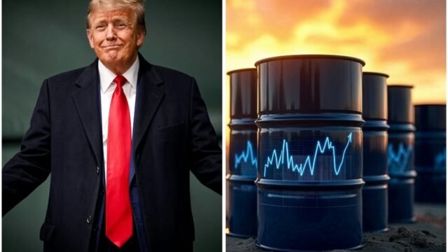 President Donald Trump beside an illustration of oil barrels