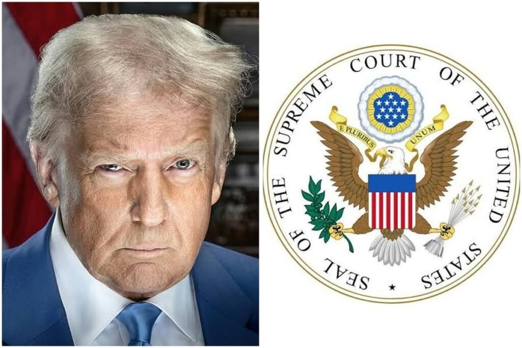 Donald Trump beside the seal of the Supreme Court of the United States