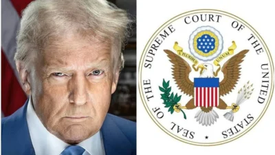 Donald Trump beside the seal of the Supreme Court of the United States