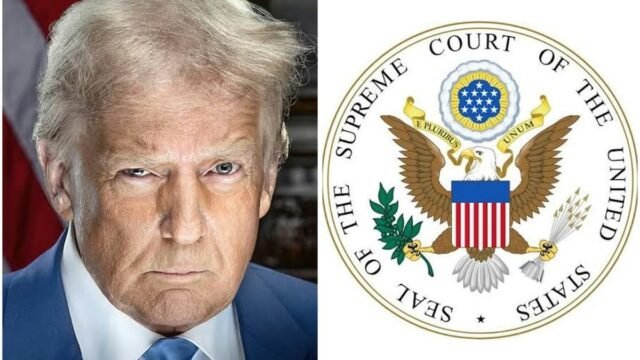Donald Trump beside the seal of the Supreme Court of the United States